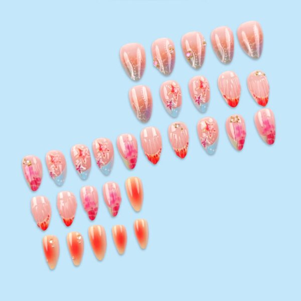 30Pcs Summer Almond Press on Nails French Tip with Starfish & Ripple Design – Short Fake Nails Set with Glue & Tools