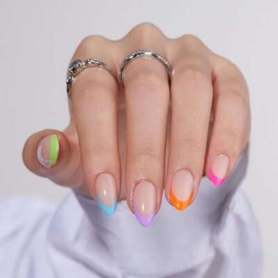 6141x08hSvL._SL1500_.jpg BTArtbox Press On Nails Short - Soft Gel French Tip Press On Nails, Colorful Almond Glue On Nails, Reusable Stick On Nails in 16 Sizes, Neon Rainbow French
