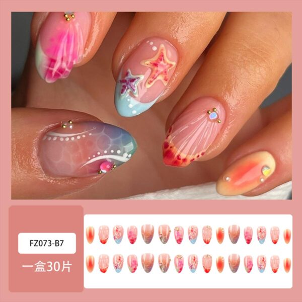 30Pcs Summer Almond Press on Nails French Tip with Starfish & Ripple Design – Short Fake Nails Set with Glue & Tools