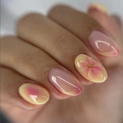 61lWRic7v-L._SL1500_.jpg Flower Almond Shaped Press on Nails Summer Short False Nails with 3D Embossed Design Pink Yellow Gradient Fake Nails Glossy Full Cover Acrylic Nails Stick on Nails for Women Nail Decorations 24 Pcs