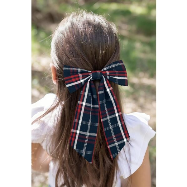 Classic Plaid School Hair Bow with Long Tails – Navy & Red Uniform Style for Toddler & Little Girls
