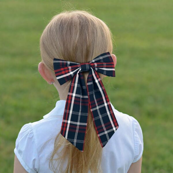 Classic Plaid School Hair Bow with Long Tails – Navy & Red Uniform Style for Toddler & Little Girls
