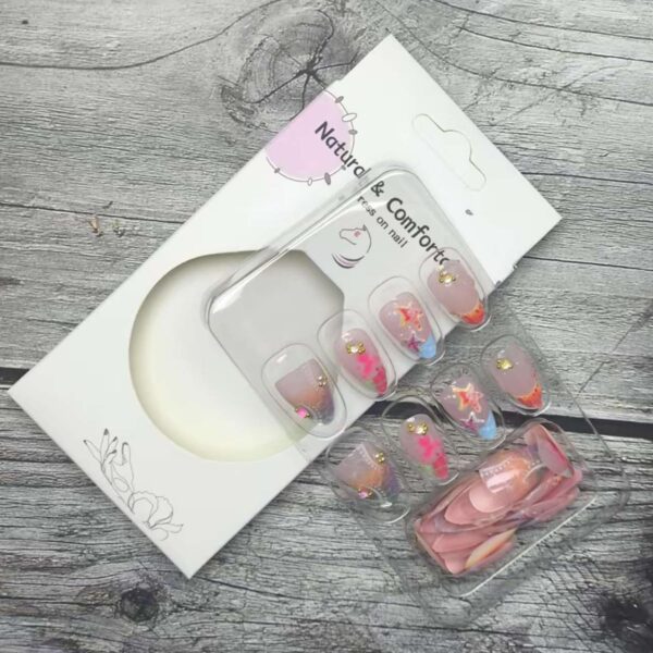 30Pcs Summer Almond Press on Nails French Tip with Starfish & Ripple Design – Short Fake Nails Set with Glue & Tools
