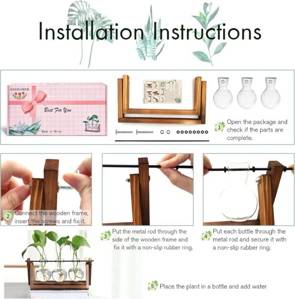 Retro Plant Terrarium with Wooden Stand – Triple Bulb Glass Vase Propagation Station for Hydroponics, Flowers & Home Office Décor