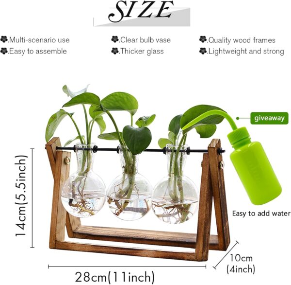 Retro Plant Terrarium with Wooden Stand – Triple Bulb Glass Vase Propagation Station for Hydroponics, Flowers & Home Office Décor