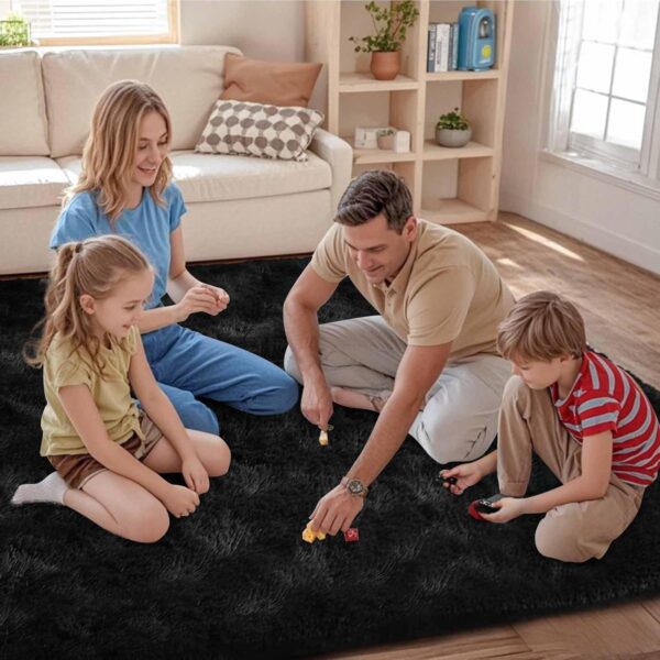 FinRèc Soft Black Shaggy Rug 4x6 ft – Plush Indoor Area Carpet, Non-Slip Cozy Floor Decor for Bedroom & Living Room
