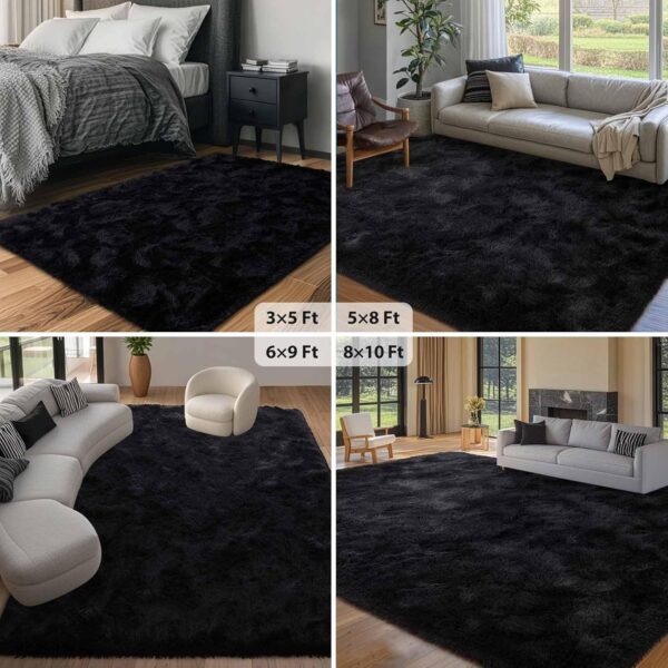 FinRèc Soft Black Shaggy Rug 4x6 ft – Plush Indoor Area Carpet, Non-Slip Cozy Floor Decor for Bedroom & Living Room