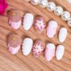 Summer Flower Press-On Nails 10Pc – Short Almond Gold Shell & Starfish Reusable Nails