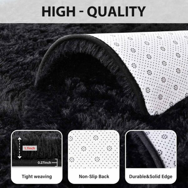 FinRèc Soft Black Shaggy Rug 4x6 ft – Plush Indoor Area Carpet, Non-Slip Cozy Floor Decor for Bedroom & Living Room