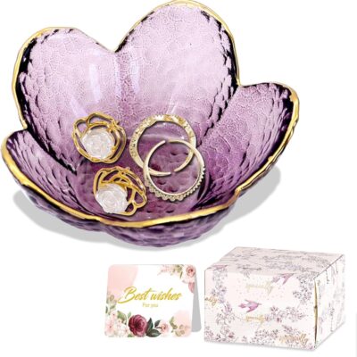 Purple Flower Jewelry Dish Glass Ring Dish Jewelry Tray Cute Vanity Organiser Room Decor Aesthetic Nightstand Bathroom Decor Trinket Dish Ring Holder Valentine's Friendship Birthday Gifts for Women