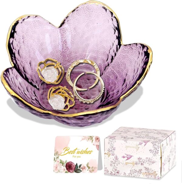 Purple Flower Jewelry Dish Glass Ring Dish Jewelry Tray Cute Vanity Organiser Room Decor Aesthetic Nightstand Bathroom Decor Trinket Dish Ring Holder Valentine's Friendship Birthday Gifts for Women