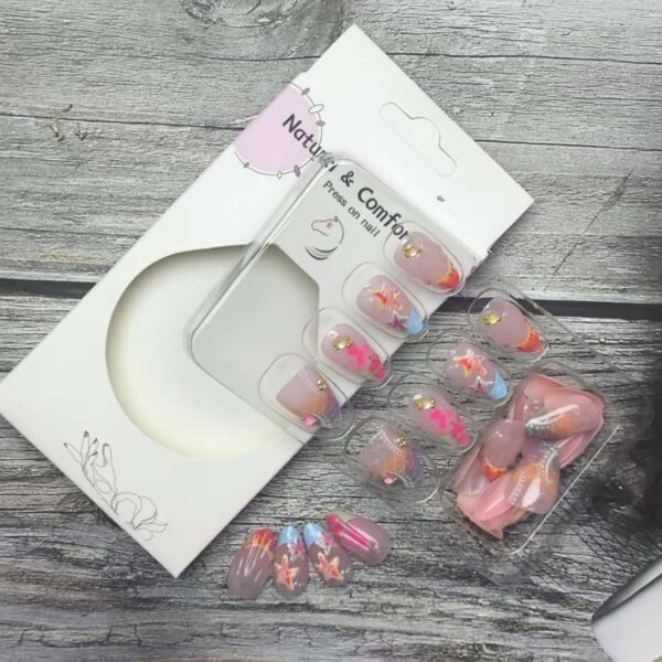 30Pcs Summer Almond Press on Nails French Tip with Starfish & Ripple Design – Short Fake Nails Set with Glue & Tools