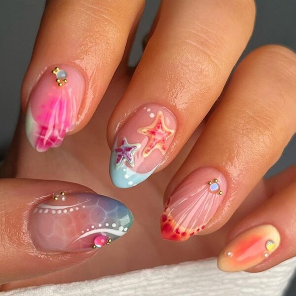 30Pcs Short Press on Nails Almond Fake Nails with Summer Design French Tip Stick on Nails Stereo Starfish False Nails Reusable Ripple Acrylic Nails Press on Full Cover Glue on Nails for Women Manicure