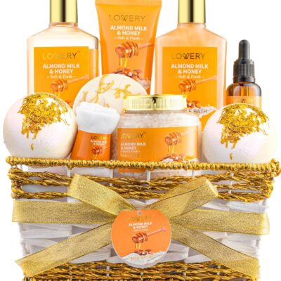 Gifts for Women Gift Basket for Women - 10 Pc Almond Milk & Honey Beauty & Personal Care Set - Home Bath Pampering Package for Relaxing - Spa Self Care Kit - Thank You, Birthday, Mom, Anniversary Gift