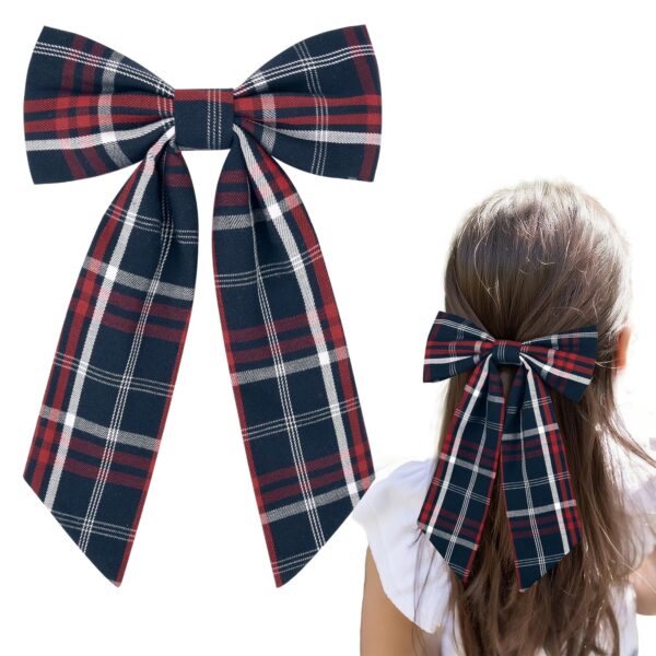 Classic Plaid School Hair Bow with Long Tails – Navy & Red Uniform Style for Toddler & Little Girls