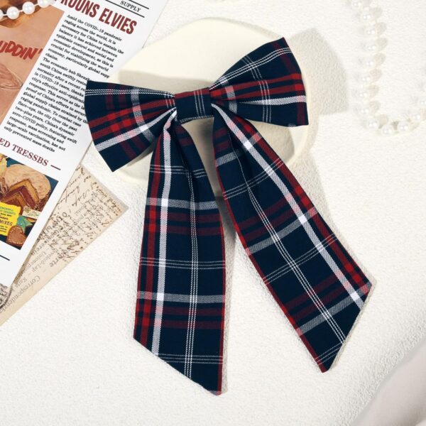 Classic Plaid School Hair Bow with Long Tails – Navy & Red Uniform Style for Toddler & Little Girls