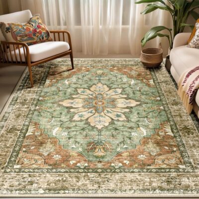 81FfS6A5H5L._AC_SL1500_.jpg Area Rugs 5'x7' Washable Non-Slip, Floral Vintage Distress Print Pattern Medallion Carpet for Living Room Bedroom Dining Room, Brick Red Rust Neutral Brown Burnt Orange Green