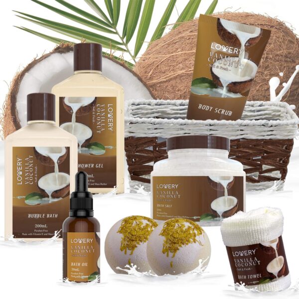 Luxurious 9-Piece Vanilla Coconut Spa Gift Basket for Women – Bath & Body Set with Bath Bombs, Lotions, Body Oil, Bath Towel & More