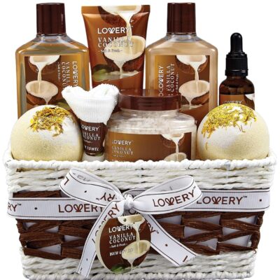 81bfbN1USPL._SL1500_.jpg Gifts For Women Gift Basket for Women– 9 Piece Set of Vanilla Coconut Home Spa Set, Includes Fragrant Lotions, Extra Large Bath Bombs, Coconut Oil, Luxurious Bath Towel & More