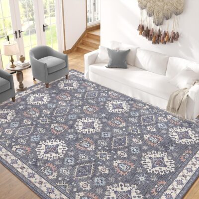 81bz4vw0MLL._AC_SL1500_.jpg jinchan Vintage Area Rug 6x9 Tribal Washable Rug Geometric Mat Non Slip Oriental Carpet Thin Boho Floor Cover Farmhouse Carpet for Kitchen Living Room Bedroom Dining Room Dark Grey