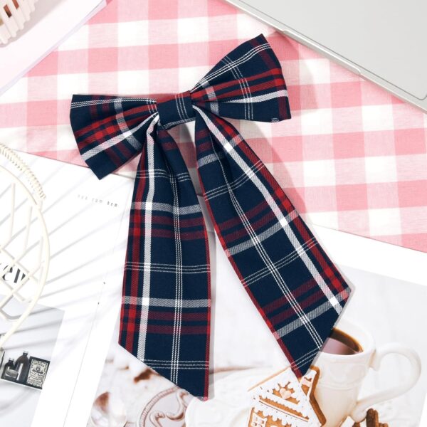 Classic Plaid School Hair Bow with Long Tails – Navy & Red Uniform Style for Toddler & Little Girls
