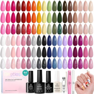 beetles Gel Polish 44pcs Fall Gel Nail Polish Set 36 Colors Brown Burgundy Red Blue Purple Orange Green Black Nude White with Base Coat Glossy Matte Glitter Top Coat Gifts for Women Colorful Muse