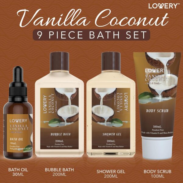 Luxurious 9-Piece Vanilla Coconut Spa Gift Basket for Women – Bath & Body Set with Bath Bombs, Lotions, Body Oil, Bath Towel & More