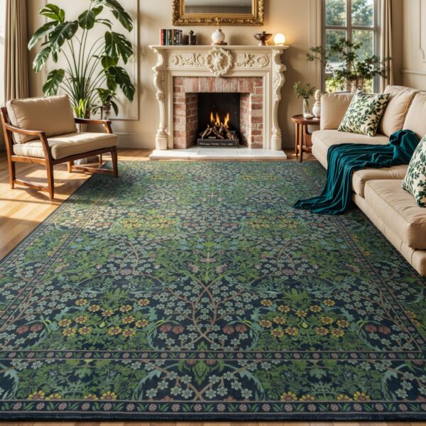 Lessymo Floral Living Room Rug 8x10 Area Rugs, Vintage Forest Washable Rugs for Dining Room Bedroom, Low Pile Non Slip Rubber Green Mat, Distressed Retro Indoor Boho Carpet, Forest Green