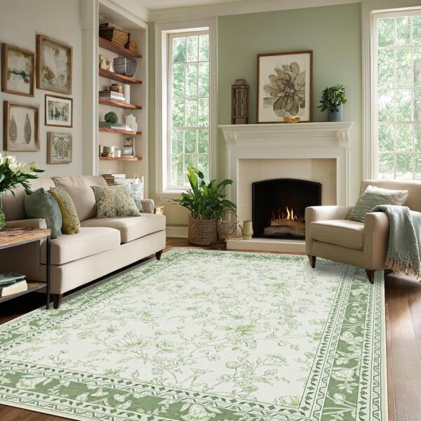 Vintage Boho Floral Area Rug – 5x8 Sage Green & Beige Washable Non-Slip Rug for Living Room & Bedroom