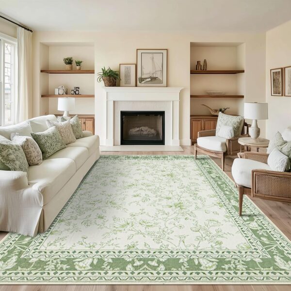 Floral Area Rug for Bedroom 5x8 Sage Green and Cream Beige Vintage Boho Floral Sketch Style, Washable Low Pile Non Slip Area Rugs for Nursery Living Dining Room, Cozy Aesthetic Home Decor