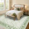 Vintage Boho Floral Area Rug – 5x8 Sage Green & Beige Washable Non-Slip Rug for Living Room & Bedroom