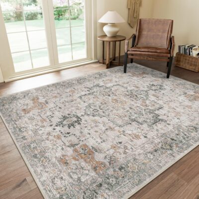 91ZNFtzD2fL._AC_SL1500_.jpg GENIMO 5X7 Area Rugs for Living Room, Machine Washable Non Slip Vintage Rugs, Low Pile Lightweight Chenille Print Rug for Bedroom, Dining Room, Home Office, Light Taupe Brown