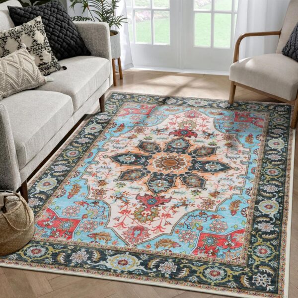 WILLSUN 4x6 Washable Boho Area Rug – Non-Slip Vintage Floral Rug for Living Room & Bedroom