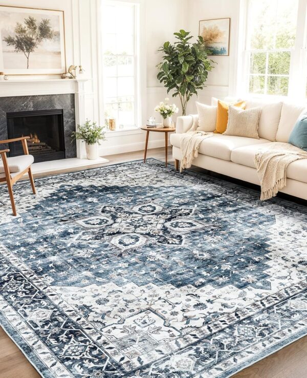 AMADA HOMEFURNISHING 8x10 Washable Area Rug – Soft, Non-Slip Vintage Rug for Living Room & Bedroom