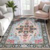 WILLSUN Washable Area Rugs, 4x6 Non-Slip Boho Large Area Rugs for Living Room, Bedroom, Machine Washable Vintage Rug, Indoor Floral Print Carpet for Home Decor, Kid & Pet Friendly Mat