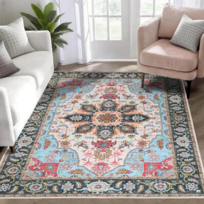 91pw23s4uHL._AC_SL1500_.jpg WILLSUN Washable Area Rugs, 4x6 Non-Slip Boho Large Area Rugs for Living Room, Bedroom, Machine Washable Vintage Rug, Indoor Floral Print Carpet for Home Decor, Kid & Pet Friendly Mat