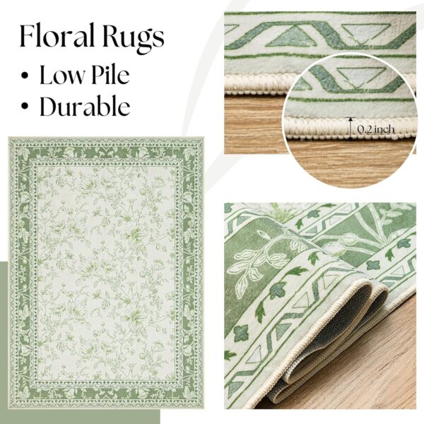 Vintage Boho Floral Area Rug – 5x8 Sage Green & Beige Washable Non-Slip Rug for Living Room & Bedroom