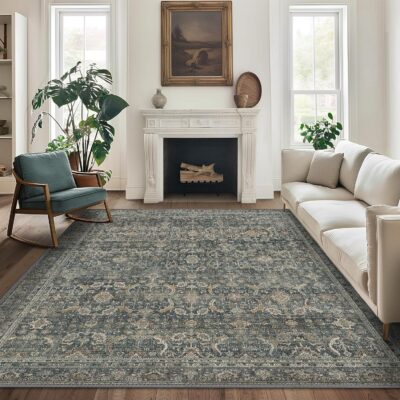 8X10 Area Rugs Machine Washable Rugs for Living Room, Vintage Boho Large Rugs for Bedroom Dining Room, Non Slip Indoor Soft Distressed Lightweight Thin Low Pile Carpet, Deep