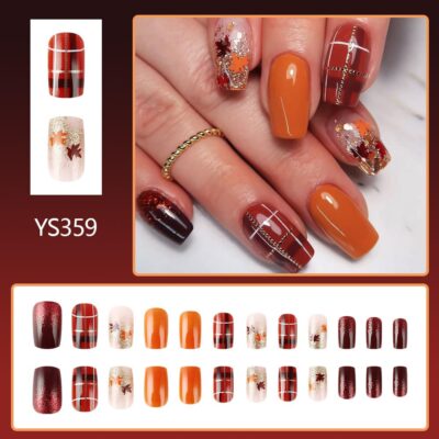 Autumn Press on Nails Medium Square - Fall Red Fake Nails Acrylic Nail Press ons Nail Art Tips with Gold Line Glitter Maple Leaf Design Full Cover Orange False Nails for Women