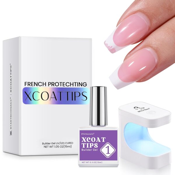 61A9avIF0lL._SL1500_.jpg BTArtboxnails 150pcs French Tip Press on Nails 3 in 1 X-coat Tips, Set with 15ml Builder Gel for Nails and Portable Nail Lamp