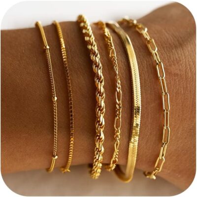 61T0vME5x5L._AC_SL1500_.jpg DEARMAY Gold Bracelets for Women Waterproof, 14K Real Gold Jewelry Sets Trendy Thin Dainty Stackable Cuban Link Paperclip Chain Bracelet Pack Fashion Accessories Gifts for Womens