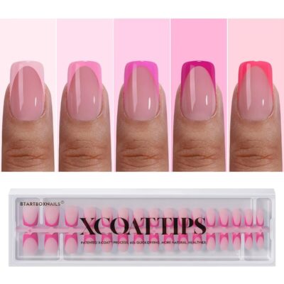 61WRxA-nXL._SL1500_.jpg BTArtboxnails XCOATTIPS Short Press On Nails Square - Pink French Tip Press On Nails, Soft Gel Nail Tips, 160Pcs Soak Off Acrylic Pink Fake Nail Extension in 16 Sizes