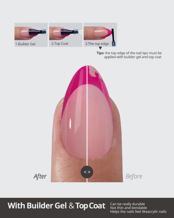 BTArtbox Pink French Tip Press On Nails Kit with Builder Gel, Top Coat & Gel Glue – 160 Pcs Almond Nails