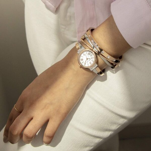 Anne Klein Women’s Crystal Bangle Watch Set – Mother of Pearl Dial with Two Elegant Bracelets
