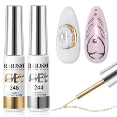61zSNtUUTL._SL1300_.jpg RARJSM Metallic Gel Liner Nail Art Silver Bronze Gold 2pcs Set Mirror Chrome 3D Effect Gel Nail Polish 8ml Build in Thin Brush Metal Painted Drawing Stripper Gelpolish Curing Requires for Home Salon