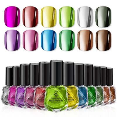 711CCH6vFSL._SL1500_.jpg Metallic Nail Polish Set Fingernail: Chrome Mirror Holographic Nail Polish Kit Quick Air Dry 12 Colors Pack Regular Mini Nail Polish Finger Toe DIY Art Salon Gift for Women Party