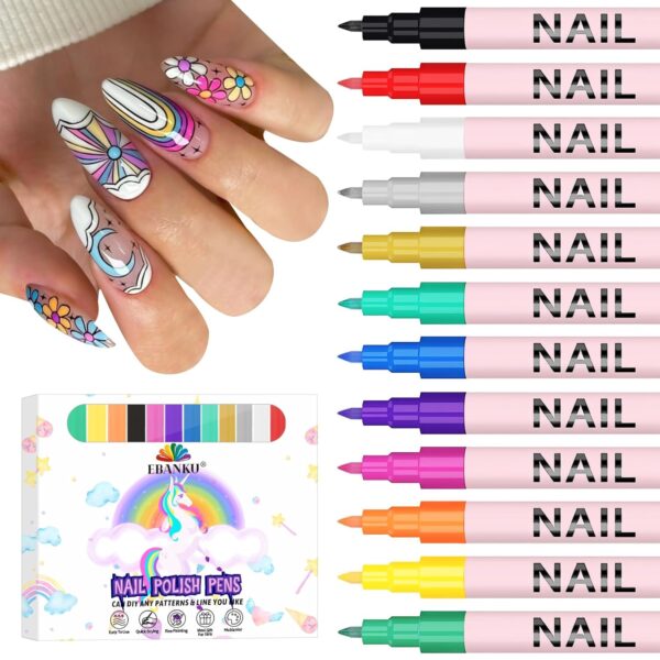 711uDW3jVDL._SL1500_.jpg EBANKU 12 Colors Nail Art Pens Set, 3D 0.7MM Nail Polish Pens Quick-Drying Nail Art Acrylic Paint Nail Point Dotting Liner Pen Tools for Home & Salon Nail DIY