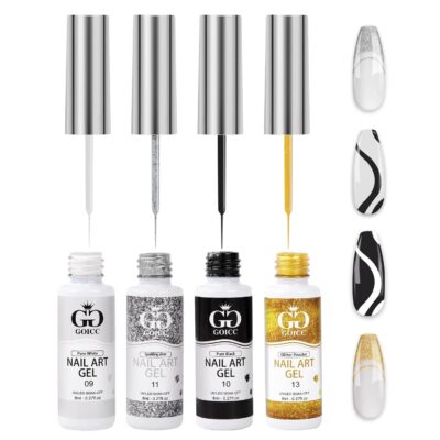714c98saKbL._SL1500_.jpg Gel Nail Art Polish Set with Thin Brush – 4 Colors White Gel Nail Polish Black Silver Glitter Liner for Nail Art Design French Tips Soak Off UV/LED 8ml