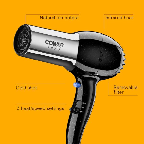Conair 1875W Ionic Hair Dryer – Tourmaline Ceramic Blow Dryer with 3 Heat Settings, Cool Shot & Concentrator