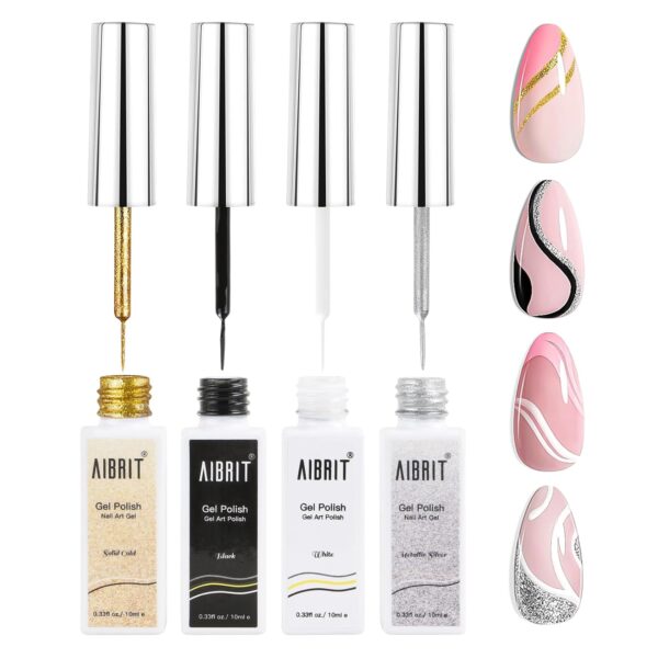 71ACCj0R-nL._SL1500_.jpg Gel Liner Art Polish Set 10ml, 4 Colors Black White Gold Silver Design Paint with Thin Brush in Bottle for Swirl/ Euphoria French Tips Manicure Painting DIY at Home